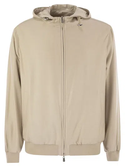 Fedeli Reversible Bomber Jacket With Hood In Cashmere Flannel And Airstop In Beige