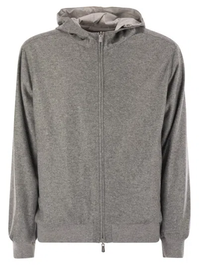 Fedeli Reversible Bomber Jacket With Hood In Cashmere Flannel And Airstop In Gray