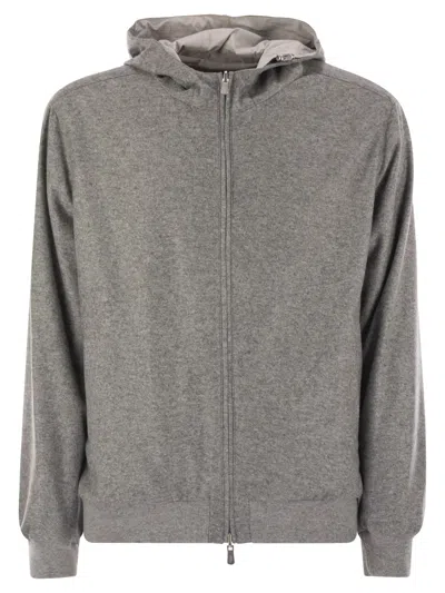 Fedeli Reversible Bomber Jacket With Hood In Cashmere Flannel And Airstop In Gray