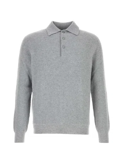 Fedeli Ribbed-knit Long-sleeve Polo Shirt In Gray