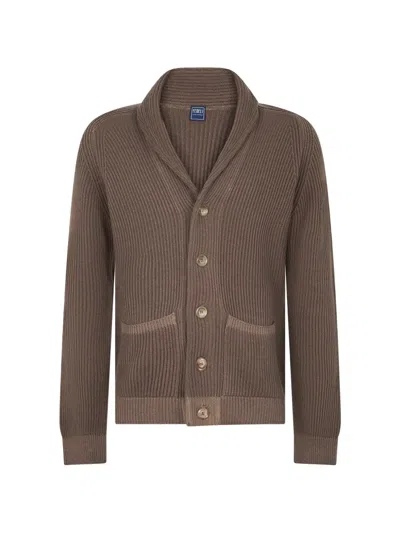 Fedeli Ribbed-knit Shawl-collar Cardigan In Brown