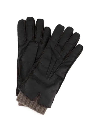 Fedeli Ribbed-knit Trim Leather Gloves In Brown
