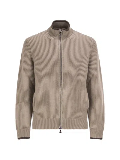 Fedeli Full-zip Cashmere Rib-knit Cardigan In Neutral