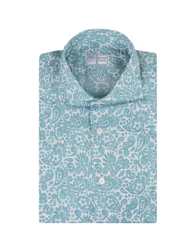 Fedeli Sean Shirt In Turquoise Paisley Printed Panamino In Blue