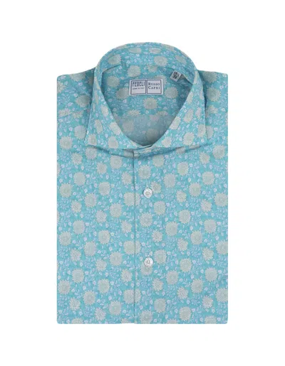 Fedeli Sean Shirt In Turquoise/green Floral Panamino In Blue
