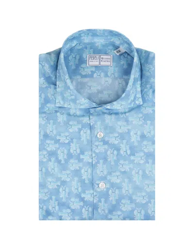 Fedeli Sky Blue Panamino Sean Shirt With Lobster Pattern