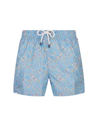 Fedeli Sky Blue Swim Shorts With Butterfly Print