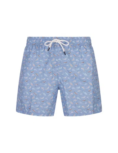 Fedeli Sky Blue Swim Shorts With Dolphins Pattern