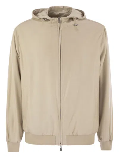 Fedeli Reversible Bomber Jacket With Hood In Cashmere Flannel And Airstop In Neutral