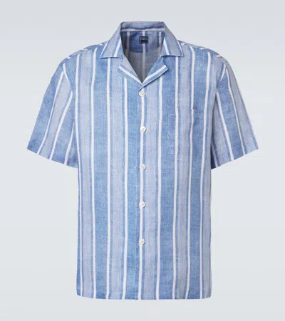 Fedeli Striped Linen Bowling Shirt In Blue