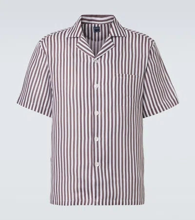Fedeli Striped Linen Bowling Shirt In Gray