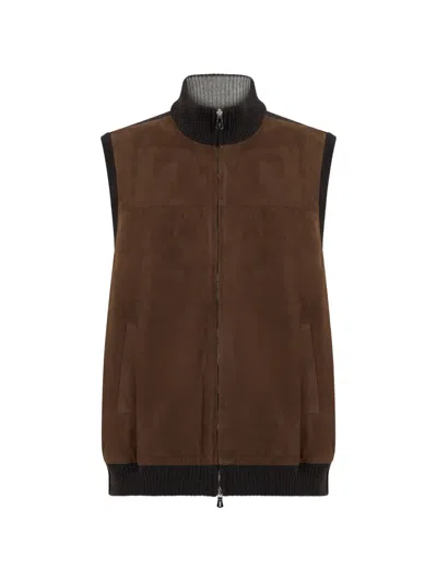 Fedeli Suede-panelled Cashmere Gilet In Brown
