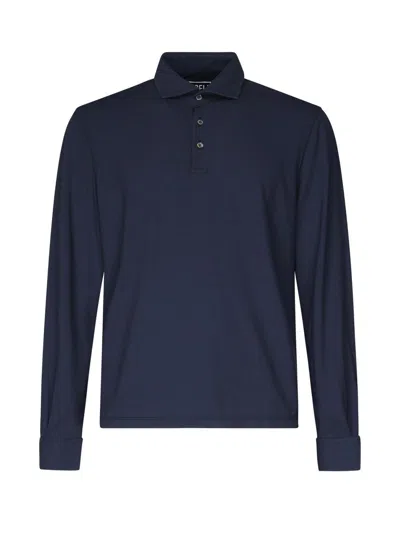 Fedeli Long Sleeve Polo In Organic Cotton In Blue