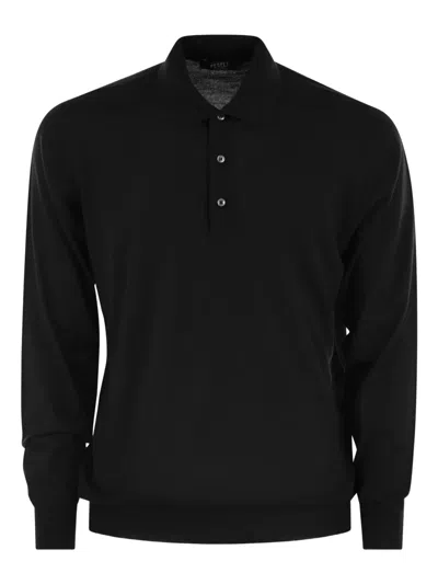 Fedeli Three-button Virgin Wool Polo Shirt In Black