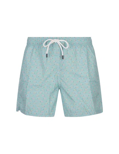 Fedeli Turquoise Swim Shorts With Fish Pattern In Blue