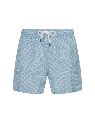 Fedeli Turquoise Swim Shorts With Flower Pattern In Blue