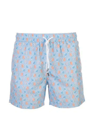 Fedeli Turtle-print Drawstring Swim Shorts In Blue
