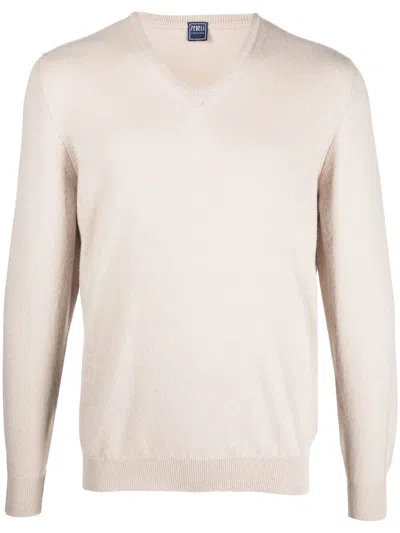 Fedeli V-neck Cashmere Jumper In Neutrals