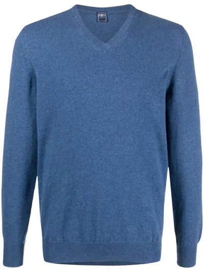 Fedeli V-neck.cashmere Jumper In Blue