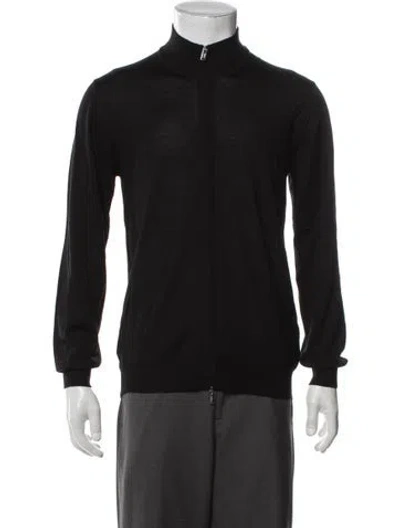 Pre-owned Fedeli Virgin Wool Mock Neck Cardigan In Black
