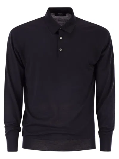 Fedeli Three-button Virgin Wool Polo Shirt In Black