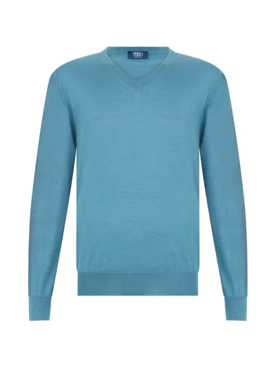 Fedeli V-neck Long-sleeve Sweater In Blue