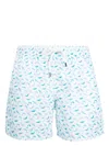 FEDELI WHITE SWIM SHORTS WITH BLUE DOLPHIN PATTERN