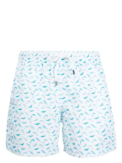 FEDELI WHITE SWIM SHORTS WITH BLUE DOLPHIN PATTERN