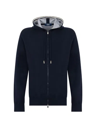 Fedeli Zip-up Hooded Cardigan In Blue