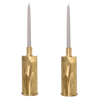Pre-owned Federica Paoli Set Of 2 - Italian Art Deco Brass Candlesticks Moiré , Contemporary, In Stock In Brown