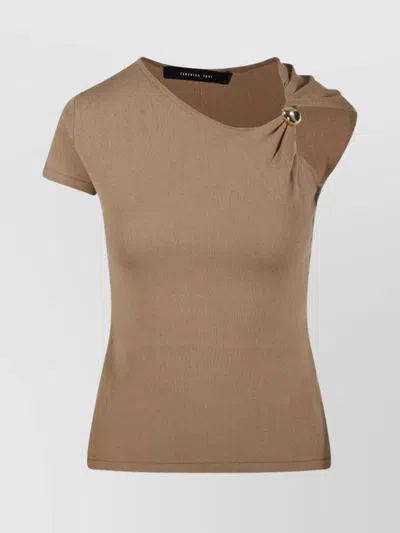 Federica Tosi Asymmetric Short Sleeve Top With Gold Embellishment In Brown