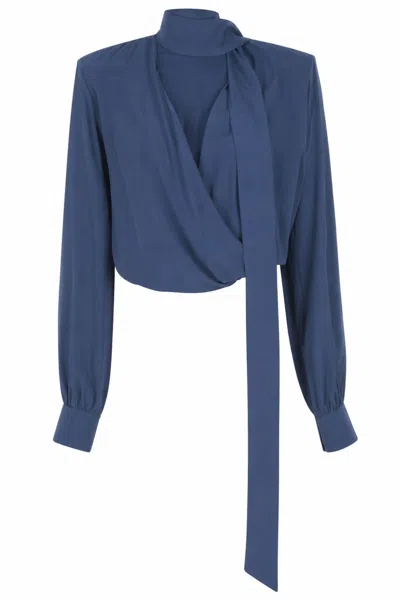 Federica Tosi Avio Crossed Scarf-neck Acetate-blend Blouse In Blue