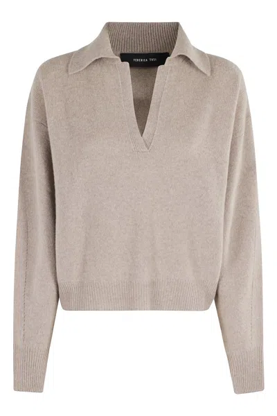 Federica Tosi Beige Long Sleeve Polo Shirt With Classic Collar And V-neck Design In Pink