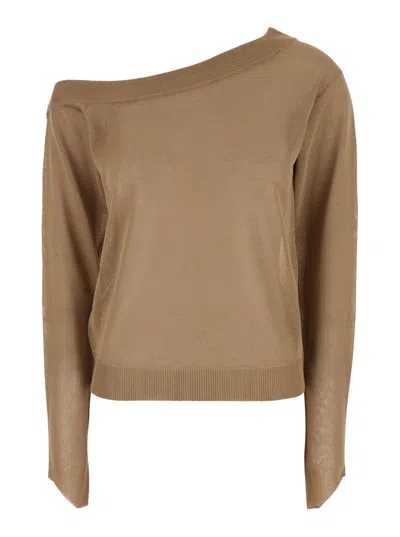 Federica Tosi Beige One-shoulder Sweater With Ribbed Trims In Wool Blend Woman In Multi