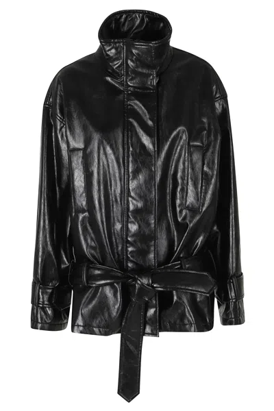 Federica Tosi Black Belted High Neck Leather Polyurethane Bomber Jacket