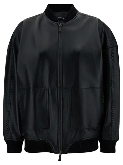 FEDERICA TOSI BLACK BOMBER JACKET WITH RIBBED TRIM IN LEATHER WOMAN