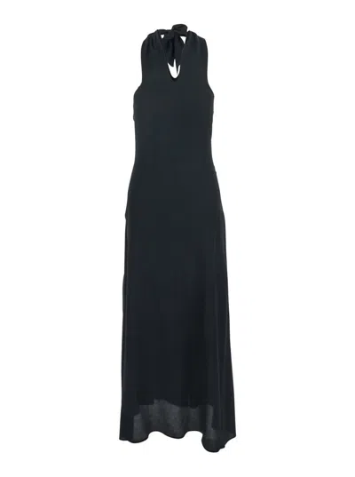 Federica Tosi Black Long Dress With V-neck And Knot Closure In Fabric Woman