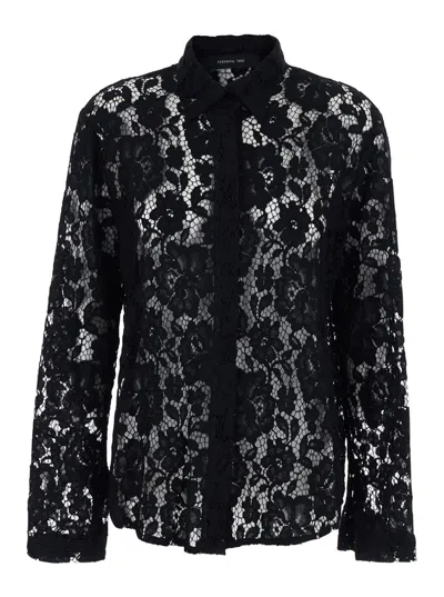 Federica Tosi Black Long-sleeved Shirt With Classic Collar And Lace Design In Cotton Blend Woman