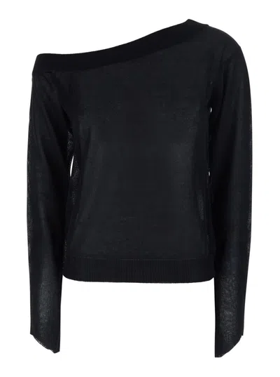 Federica Tosi Black One-shoulder Sweater With Ribbed Trims In Wool Blend Woman
