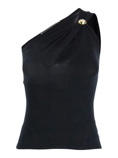 FEDERICA TOSI BLACK ONE-SHOULDER TOP WITH JEWEL DETAIL ON THE FRONT