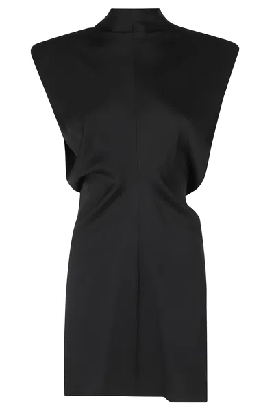 Federica Tosi Black Padded Straps Front Pleat Acetate-blend Mini Dress