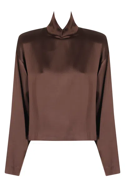 Federica Tosi Brown High-neck Padded Shoulder Satin Blouse