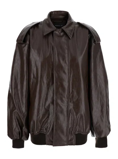 FEDERICA TOSI BROWN JACKET WITH CLASSIC COLLAR AND DROPPED SHOULDERS IN LEATHER WOMAN