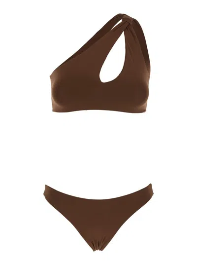 Federica Tosi Brown One-shoulder Bikini With Tie Detail