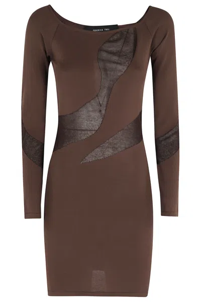 Federica Tosi Brown Semi-sheer Inserts Boat-neck Viscose Mini Dress In Multi