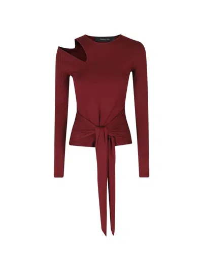 Federica Tosi Knit Top Cutout Shoulder Long Sleeves Sash In Brown