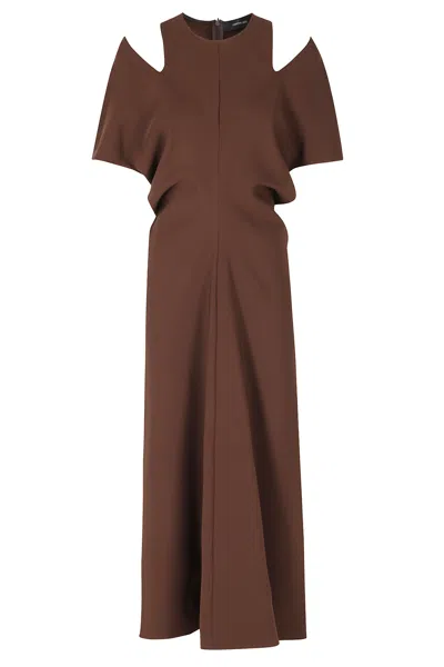 Federica Tosi Dark Brown Cut-off Sleeves Crew Neck Polyester Midi Dress