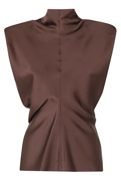 Federica Tosi Dark Brown Padded Straps Pleated Front Acetate-blend Blouse In Grey