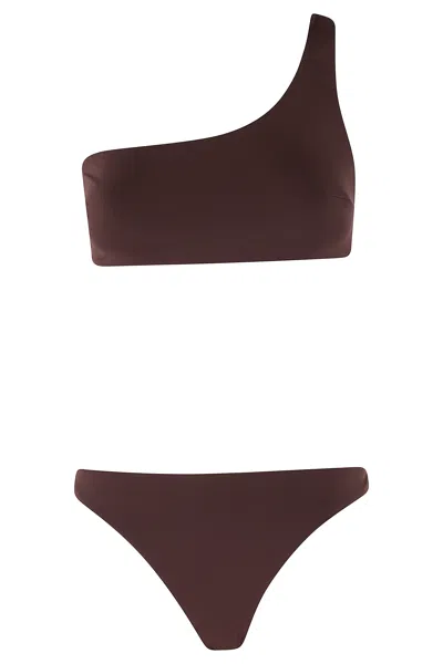 Federica Tosi Eggplant One-shoulder Minimal-cut Nylon Bikini In Brown