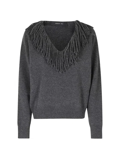Federica Tosi Fringe-trim V-neck Sweater In Gray